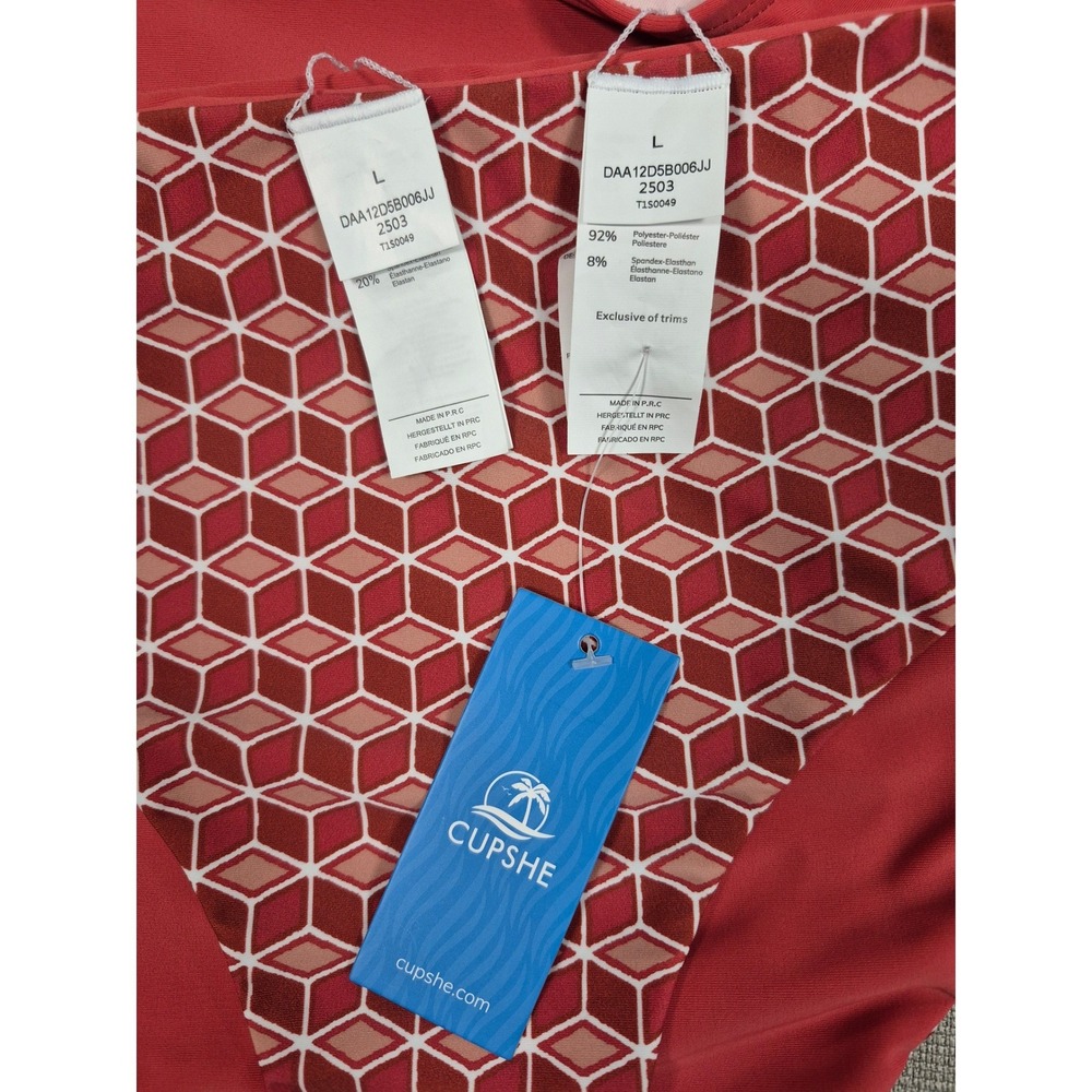 Cupshe Red Ruched Tankini Set‎ Mid Rise Geometric Bottoms New With Tags Large - Picture 9 of 11